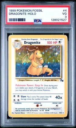 1999 POKEMON FOSSIL #4 DRAGONITE-HOLO PSA 3 - Image 1