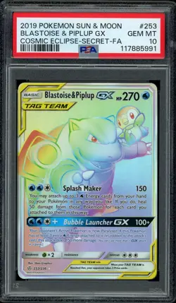 Pokemon PSA 10 Blastoise & Piplup GX 253/236 Cosmic Eclipse Rainbow Rare Mint - Image 1