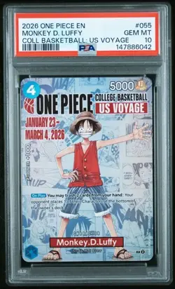2026 ONE PIECE EN #055 COLLEGE BASKETBALL US VOYAGE MONKEY D. LUFFY PSA 10 GEM - Image 1