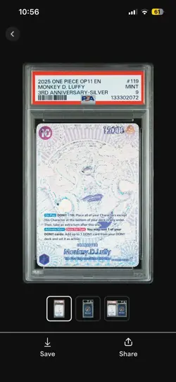 One Piece CCG Monkey.D.Luffy 3rd Anniversary Silver OP05-119 PSA 9 - Image 1