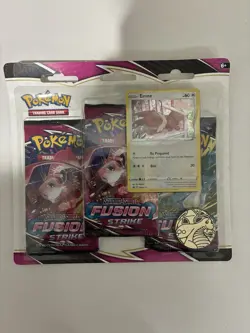 Pokemon TCG Sword Shield Fusion Strike 3-Pack Blister with Eevee Foil and Coin - Image 1