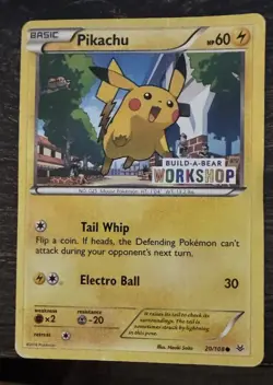 2016 Pokemon TCG Pikachu 20/108 Build-A-Bear Card, Slightly Worn - Image 1