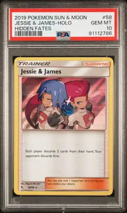 2019 POKEMON SUN & MOON HIDDEN FATES #58 JESSIE & JAMES-HOLO PSA 10 - Image 1