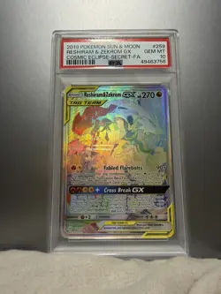 PSA 10 Reshiram & Zekrom GX Full Art Secret Rare Cosmic Eclipse 2019 Pokemon 259 - Image 1