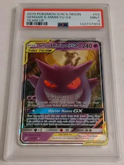 Pokemon Gengar & Mimikyu GX TAG TEAM Holo Sun & Moon Team Up 53/181 PSA 9 - Image 1