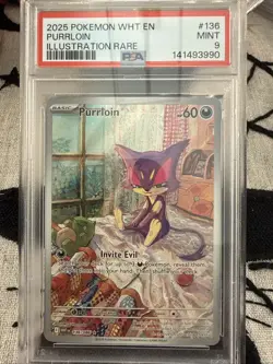 2025 Pokemon Purrloin 136/086 Sv: White Flare Illustration Rare Holo PSA 9 - Image 1