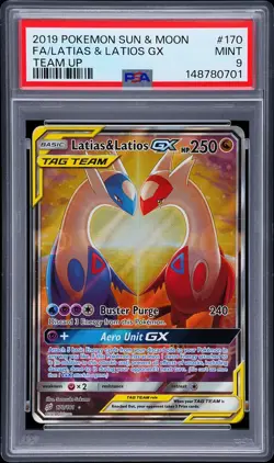 2019 POKEMON SUN & MOON TEAM UP #170 FULL ART/LATIAS & LATIOS GX PSA 9 - Image 1
