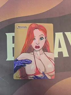 Hand-Painted MTG Mountain Alter – Jessica Rabbit Fan Art Custom Card by BAZAYO - Image 1