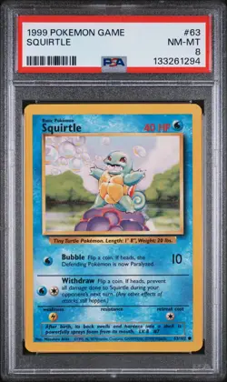1999 POKEMON BASE SET UNLIMITED #63 SQUIRTLE PSA 8 NEAR MINT - Image 1