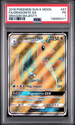 2018 POKEMON SUN & MOON DRAGON MAJESTY #67 FULL ART/DRAGONITE GX PSA 1 - Image 1