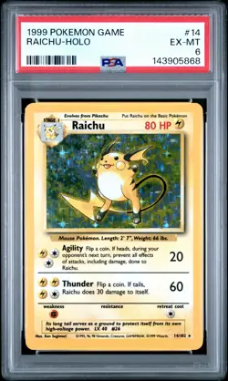 1999 POKEMON GAME #14 RAICHU-HOLO PSA 6 - Image 1
