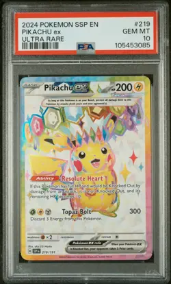2024 POKEMON SSP EN-SURGING SPARKS ULTRA RARE #219 PIKACHU EX PSA 10 - Image 1