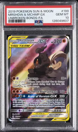 2019 POKEMON SUN & MOON UNBROKEN BONDS FULL ART/MARSHADOW & MACHAMP GX PSA 10 - Image 1