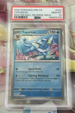 2025 POKEMON PRISMATIC EVOLUTIONS MASTER BALL REVERSE HOLO #022 VAPOREON PSA 10 - Image 1