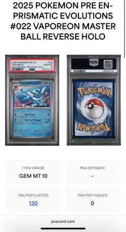 2025 POKEMON PRISMATIC EVOLUTIONS MASTER BALL REVERSE HOLO #022 VAPOREON PSA 10 - Image 3