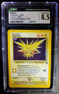 Pokemon TCG Zapdos Unlimited Holo Rare 15/62 Fossil FOIL ERROR CGC 8.5 NM-MINT+ - Image 1
