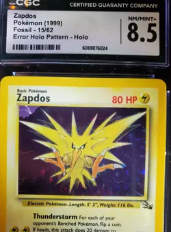 Pokemon TCG Zapdos Unlimited Holo Rare 15/62 Fossil FOIL ERROR CGC 8.5 NM-MINT+ - Image 2