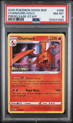 2020 POKEMON SWSH BLACK STAR PROMO PRERELEASE-STAFF #066 CHARIZARD-HOLO PSA 8 - Image 1