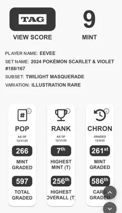 2024 POKEMON TWILIGHT MASQUERADE ILLUSTRATION RARE EEVEE #188 TAG 9 ir - Image 3
