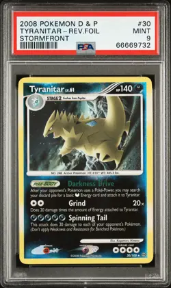2008 POKEMON DIAMOND & PEARL STORMFRONT #30 TYRANITAR-REVERSE FOIL PSA 9 - Image 1