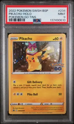2022 POKEMON SWSH BLACK STAR PROMO POKEMON GO TINS #234 PIKACHU-HOLO PSA 9 - Image 1