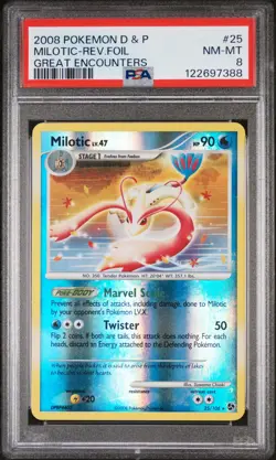 2008 POKEMON DIAMOND & PEARL GREAT ENCOUNTERS #25 MILOTIC-REVERSE FOIL PSA 8 - Image 1