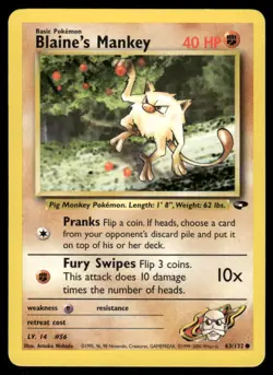 Pokemon Cards Blaine's Mankey 63/132 Unlimited Gym Challenge Common LP - Image 1