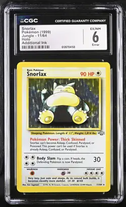 CGC 6 Additional Ink Error Snorlax 1999 Jungle 11/64 Holo Pokemon Card - Image 1