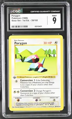 CGC 9 MINT Porygon 1999 Base Set Shadowless 1st Edition 39/102 Pokemon Card - Image 1
