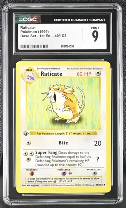 CGC 9 MINT Raticate 1999 Base Set Shadowless 1st Edition 40/102 Pokemon Card - Image 1