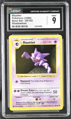 CGC 9 MINT Haunter 1999 Base Set 29/102 Shadowless Pokemon Card - Image 1