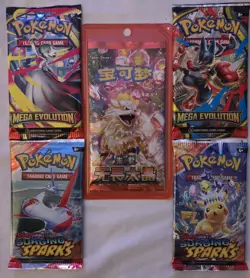 Pokemon Booster Packs (5) Surging Sparks, Mega Evolution + Chinese Pack – Sealed - Image 1