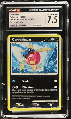 2007 Pokemon - Carvanha 81/132 Secret Wonders Reverse Holo CGC 7.5 Near Mint+ - Image 1