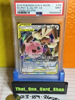 2019 POKEMON SUN & MOON COSMIC ECLIPSE #165 MEGA LOPUNNY & JIGGLYPUFF GX PSA 9 - Image 1