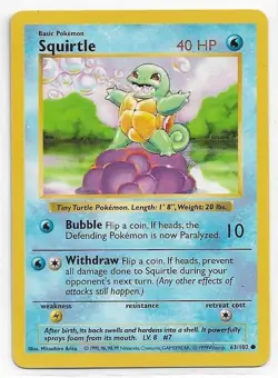 Pokemon 1999 TCG Card - 63/102 - Shadowless Squirtle NM-MT - Image 1