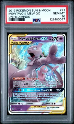 2019 POKEMON SUN & MOON UNIFIED MINDS #71 MEWTWO & MEW GX PSA 10 - Image 1