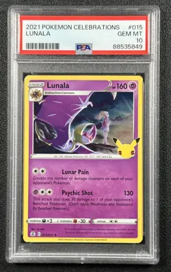 LUNALA PSA 10 2021 POKEMON SWORD & SHIELD CELEBRATIONS #015/025 GEM 5849 - Image 1