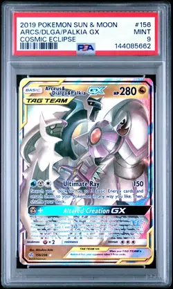2019 POKEMON SUN & MOON COSMIC ECLIPSE #156 ARCEUS & DIALGA & PALKIA GX PSA 9 - Image 1