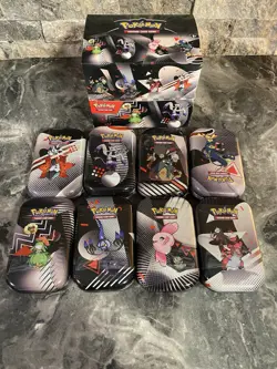 BRAND NEW Pokemon Mini Tin Display Black Bolt and White Flare Collection, 8 Tins - Image 1