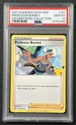 PROFESSOR BURNET PSA 10 2021 POKEMON SWSH BSP #SWSH167 CELEBRATIONS COLL 7306 - Image 1