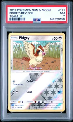 2019 POKEMON SUN & MOON TEAM UP #121 PIDGEY-REVERSE FOIL PSA 7 - Image 1
