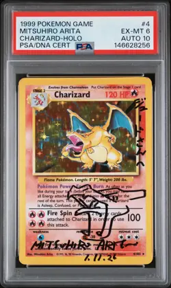 1999 POKEMON BASE SET UNLIMITED ARITA SIGNED #4 CHARIZARD-HOLO PSA 6 DNA AUTO 10 - Image 1