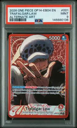 2026 ONE PIECE OP14-EB04-THE AZURE SEA'S SEVEN ALTERNATE ART TRAFALGAR LAW PSA 9 - Image 1