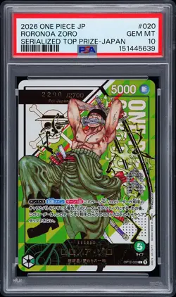 2026 ONE PIECE JPN SERIALIZED TOP PRIZE PROMO #020 RORONOA ZORO 2290/2700 PSA 10 - Image 1