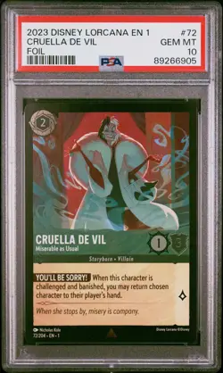 2023 DISNEY LORCANA FIRST CHAPTER FOIL CRUELLA DE VIL MISERABLE AS USUAL PSA 10 - Image 1