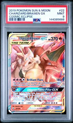 2019 POKEMON SUN & MOON COSMIC ECLIPSE #22 CHARIZARD & BRAIXEN GX PSA 9 - Image 1