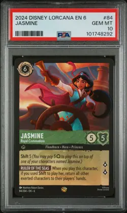 2024 DISNEY LORCANA EN 6-AZURITE SEA #84 JASMINE ROYAL COMMODORE PSA 10 - Image 1
