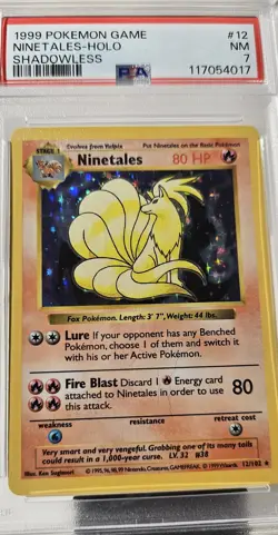 1999 POKEMON BASE SET SHADOWLESS NINETALES HOLO GRADED PSA-7 CARD # 12/102 - Image 2