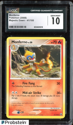 2008 Pokemon Majestic Dawn 41/100 Monferno CGC 10 GEM MINT - Image 1