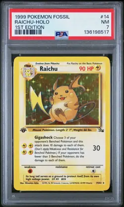1999 POKEMON FOSSIL 1ST EDITION #14 RAICHU-HOLO PSA 7 - Image 1